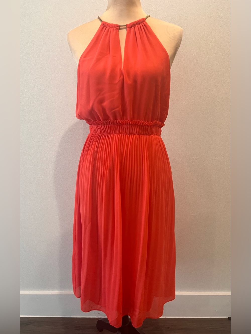 Michael Kors Vibrant Coral Halter Pleated Midi Dress